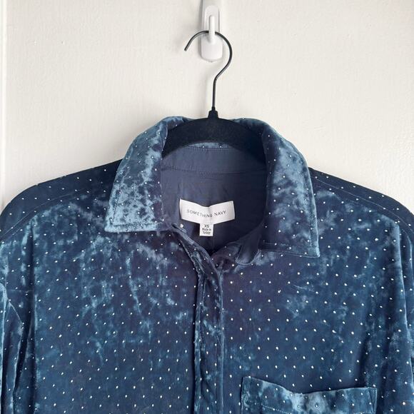 Something Navy Studded Velvet Shirt Jacket Dark Teal Small Silver Studs NWT XS - Picture 2 of 14
